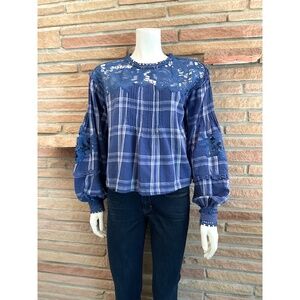 Free People Darling Diana Plaid And Lace Blouse Small